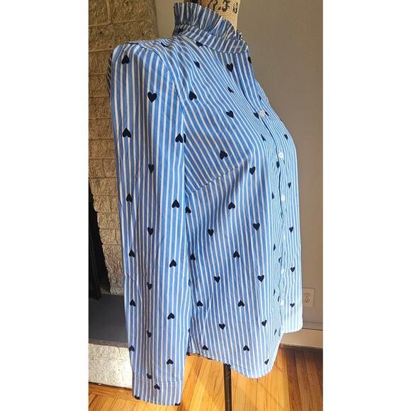 J Crew Heart, Striped, Button Down, Ruffled Neck, Blouse / Shirt, NWOT, Sz XS - Picture 2 of 12